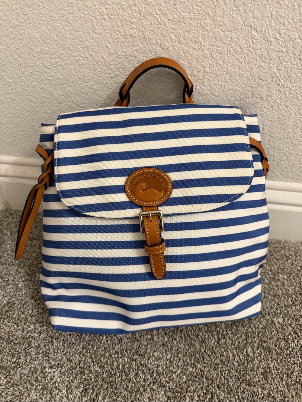 Striped Navy & White Backpack with Tan Trim